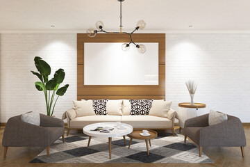 3d rendering of interior living room with wood panel, sofa, armchairs, table, side table and frame mock up on white brickwall background. Scandinavian style. Set 1