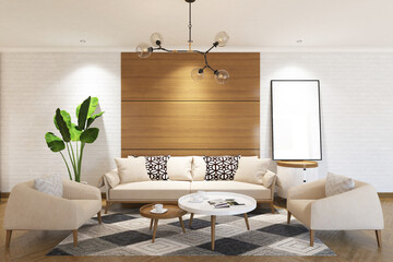 3d rendering of interior living room with wood panel, sofa, armchairs, table, side table and frame mock up on white brickwall background. Scandinavian style. Set 2