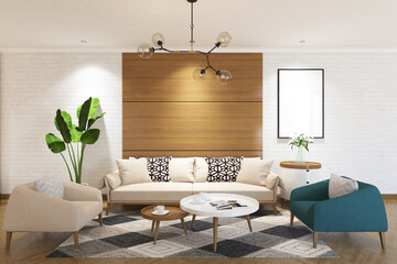 3d rendering of interior living room with wood panel, sofa, armchairs, table, side table and frame mock up on white brickwall background. Scandinavian style. Set 3