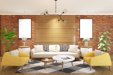 3d rendering of interior living room with wood panel, sofa, armchairs, table, side table and frame mock up on Red brickwall background. Tropical style. Set 5