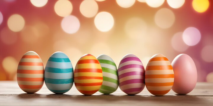  Easter holiday celebration banner Set collection of colorful painted striped easter eggs on table 