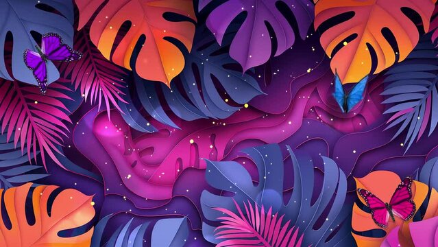 exotic jungle tropical palm leaves summer. elegant posters design. seamless looping overlay 4k virtual video animation background
