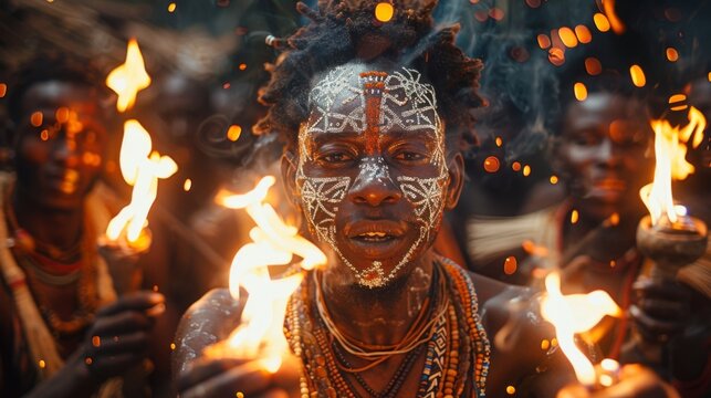 A group of people performing a ritualistic dance around a fire their faces painted with intricate patterns and their bodies adorned with symbolic jewelry.