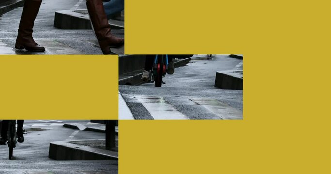 Collage of commuters riding bicycles and walking on Paris streets on rainy spring day