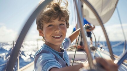 A young boy confidently steering a sailboat under the guidance of an experienced instructor showcasing the empowering skills gained through a youth sailing program.