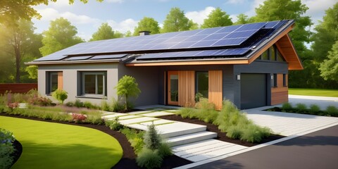 A captivating photograph of a modern, eco-friendly passive house, featuring solar panels on the roof and driveway, set against a lush, beautifully maintained yard. - obrazy, fototapety, plakaty