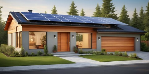 A captivating photograph of a modern, eco-friendly passive house, featuring solar panels on the roof and driveway, set against a lush, beautifully maintained yard. - obrazy, fototapety, plakaty