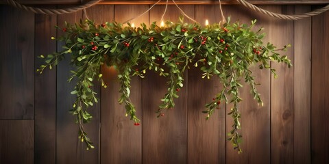 A whimsical display of mistletoe branches suspended by rustic twine against a wooden backdrop, ready to capture the spirit of the season.