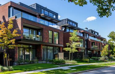 A photo shows the exterior front view of new townhouses with glass balconies, brick walls and greenery on an urban street during a summer day