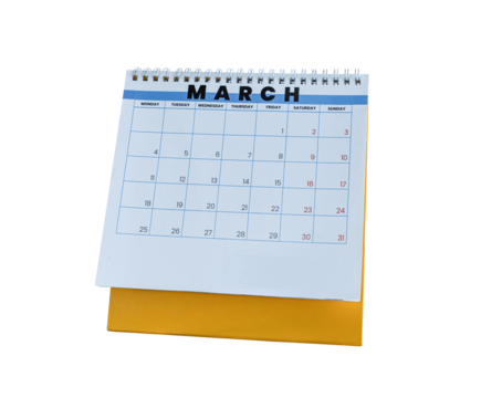 March 2024 calendar. Page of the annual a desk calendar isolated on transparent background. PNG File