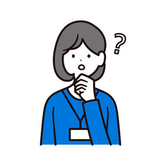 考えている社員証を下げた日本人女性会社員とクエスチョンマークのイラスト素材