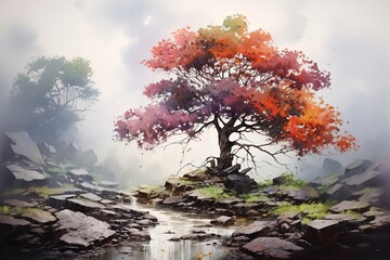 Fototapeta na wymiar Beautiful tree fantasy land oil painting with generative AI