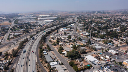 Aerial view of the 10 freeway through downtown Beaumont, California, USA.