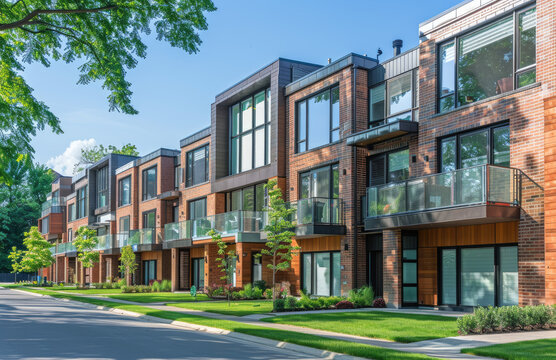 A photo shows the exterior front view of new townhouses with glass balconies, brick walls and greenery on an urban street during a summer day