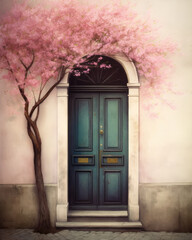 Fototapeta na wymiar Vintage Door with Pink Cherry Blossom Background. Old Paris Door. Cute Watercolor Illustration