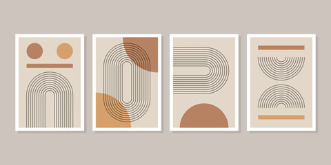 Set of Modern trendy boho minimalist art. mid century posters abstract geometric shape contemporary. Design for wallpaper, background, wall decor, cover, print, card, branding. Vector illustration.