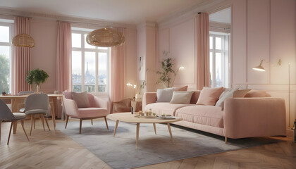 Scandinavian home interior design of modern living room in parisian apartment 3 - obrazy, fototapety, plakaty