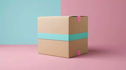 Obraz premium Minimalist Beige Box with Aqua Ribbon: Elegant Packaging Design