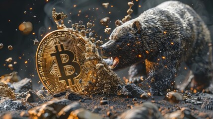 3D bear claws breaking through Bitcoin wall, market dip - obrazy, fototapety, plakaty