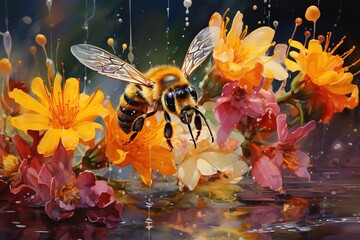 Flower and bee insect oil painting with generative AI - obrazy, fototapety, plakaty