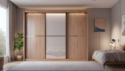 Fototapeta na wymiar Wooden wardrobe sliding doors in interior design of modern bedroom 7
