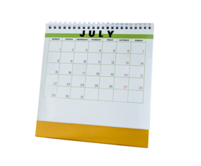 July 2024 calendar. Page of the annual a desk calendar isolated on transparent background. PNG File