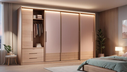 Wooden wardrobe sliding doors in interior design of modern bedroom 13