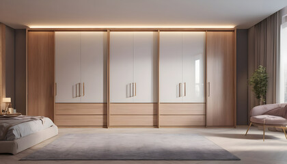 Wooden wardrobe sliding doors in interior design of modern bedroom 12