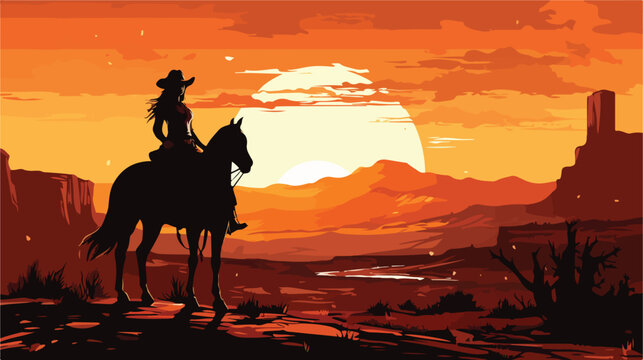Western style cowgirl and horse in country landscap