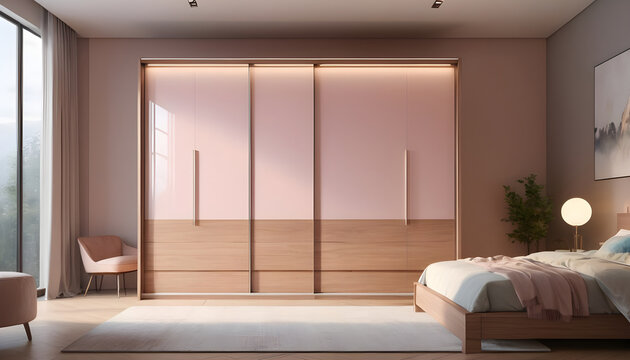 Wooden wardrobe sliding doors in interior design of modern bedroom 8