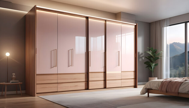 Wooden wardrobe sliding doors in interior design of modern bedroom 9