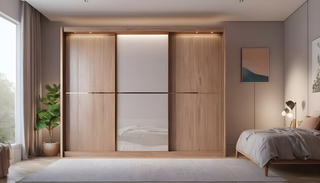 Wooden wardrobe sliding doors in interior design of modern bedroom 7