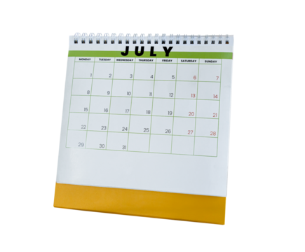 July 2024 calendar. Page of the annual a desk calendar isolated on transparent background. PNG File