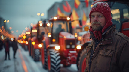 Tractor drivers' strike, many tractors and cars in the city center, drone view. with generative ai