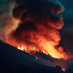 Fototapeta na wymiar Forest fire wildfire at night time on the mountain with big smoke
