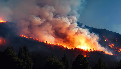 Forest fire wildfire at night time on the mountain with big smoke