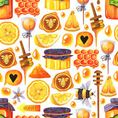 Flower honey seamless watercolor pattern. Striped bee, glass jars with golden dessert, honeycomb, wax seal, wooden spoon, nectar and pollen, drops of sweet treat. Hand drawn background for print, web