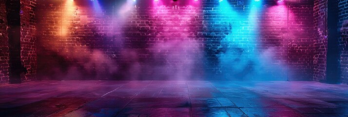 Colorful nightclub dance floor with lights - Vibrant nightclub setting with neon lights and haze, simulating the lively atmosphere of a dance party
