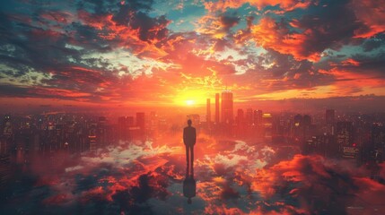 A businessman stands in front of a city skyline visualizing himself as a CEO of a successful company in the future. - obrazy, fototapety, plakaty