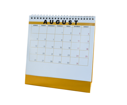 August 2024 calendar. Page of the annual a desk calendar isolated on transparent background. PNG File
