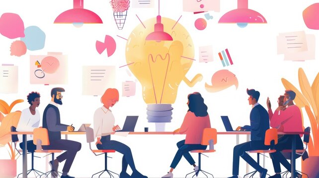 Creative team brainstorming in vibrant office - An illustration depicting a diverse team collaborating around a central light bulb idea concept, set in a colorful, contemporary workspace