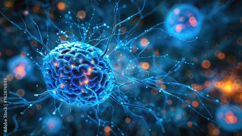 Poster neural network and synapses activity illustrated - advanced graphical depiction of neural network ac