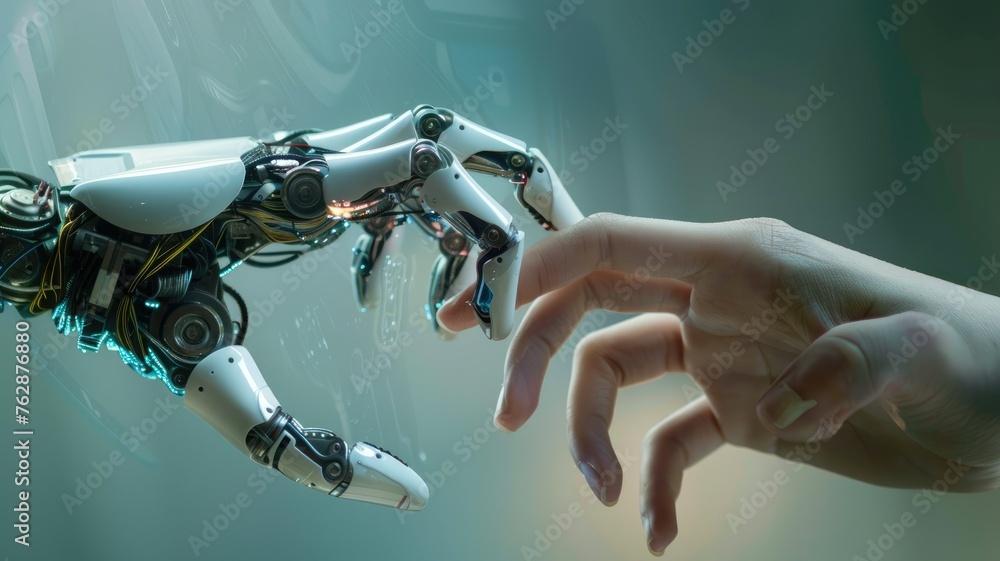 Poster robot hand touching human hand in futuristic setting - a realistic rendering of a robot hand reachin