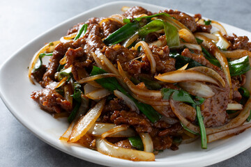 A view of a plate of Mongolian beef.