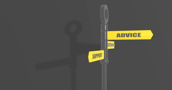 Signpost with three arrows. Advice for direction and business or personal solution guidance. Assistance for destination choice and searching for self development path.