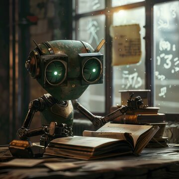 Retro robot studying with vintage books - A whimsical depiction of a retro-style robot engaging with vintage books in a cozy, dimly-lit environment