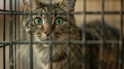 Trapped domestic cat looking out from cage - An eye-level shot of a trapped house cat looking through the narrow openings of a cage with subtle curiosity