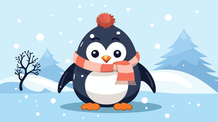 Winter illustration. Funny cartoon penguin flat vec