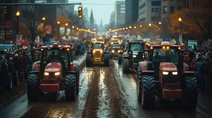 Poster The strike of tractor drivers, many tractors are driving around the city. generative ai © MoreThanProd