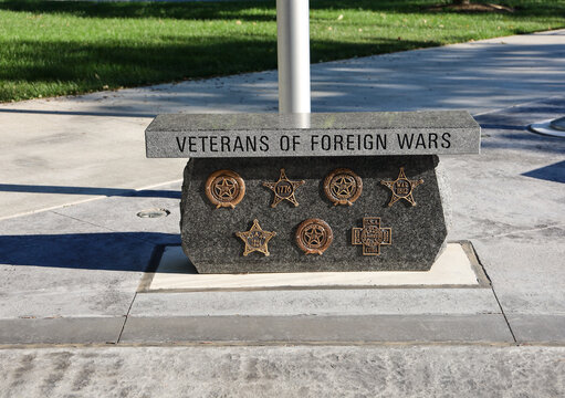 View of Veterans of Foreign Wars medal at the Veterans Memorial Plaza at the Bowling Green Municipal Court. Bowling Green, OH USA on June 23, 2022.